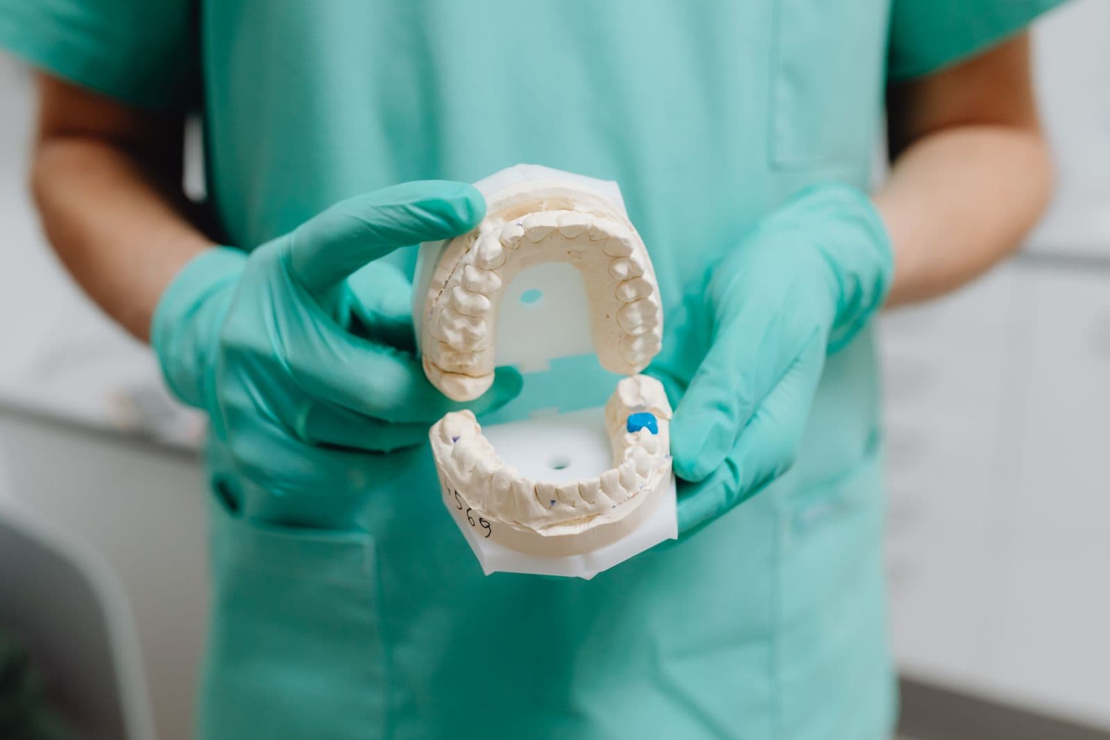 Dentist holding dental model to explain a lost filling or crown
